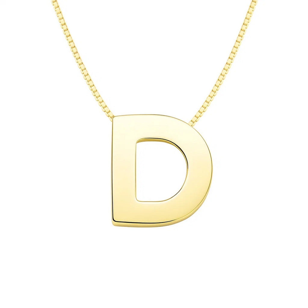 Front view of the polished block letter D in 14K yellow gold on a box chain