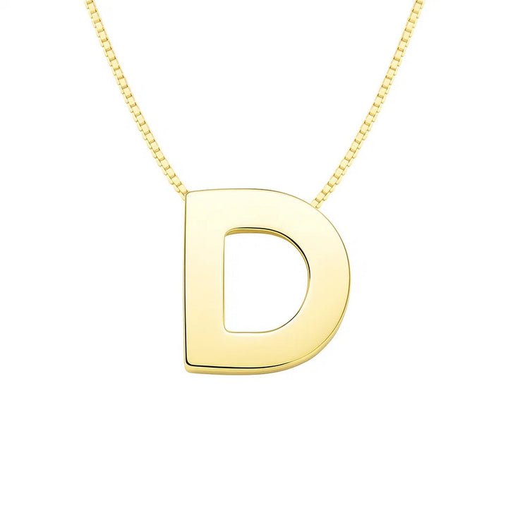 Front view of the polished block letter D in 14K yellow gold on a box chain