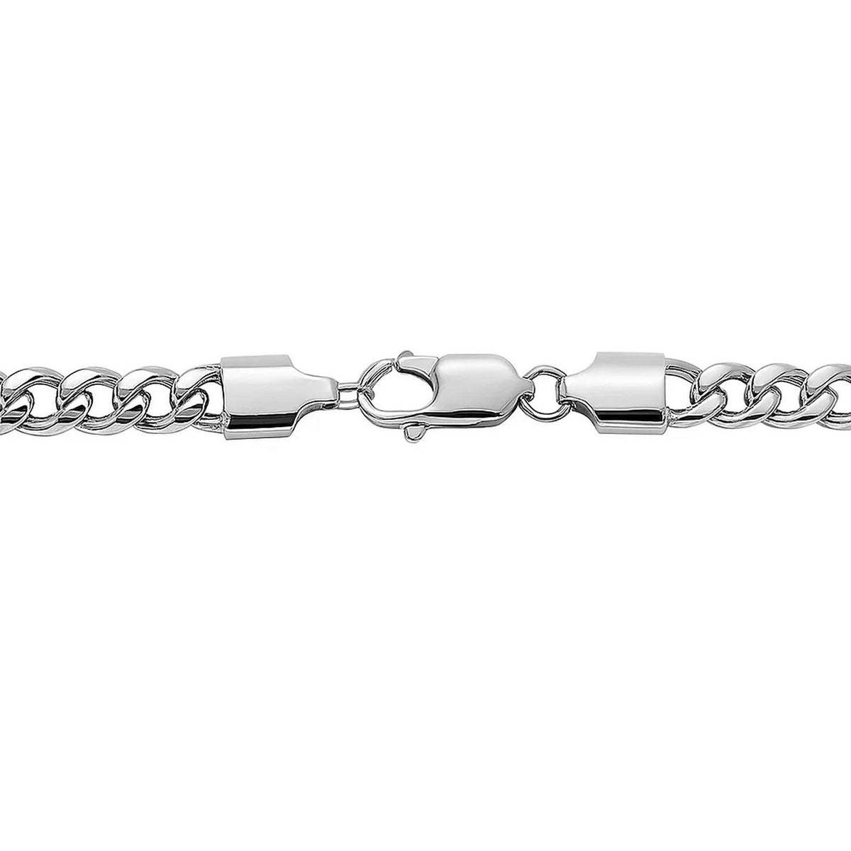 Lobster clasp between two end caps on a 14K white gold Miami Cuban chain, laid flat