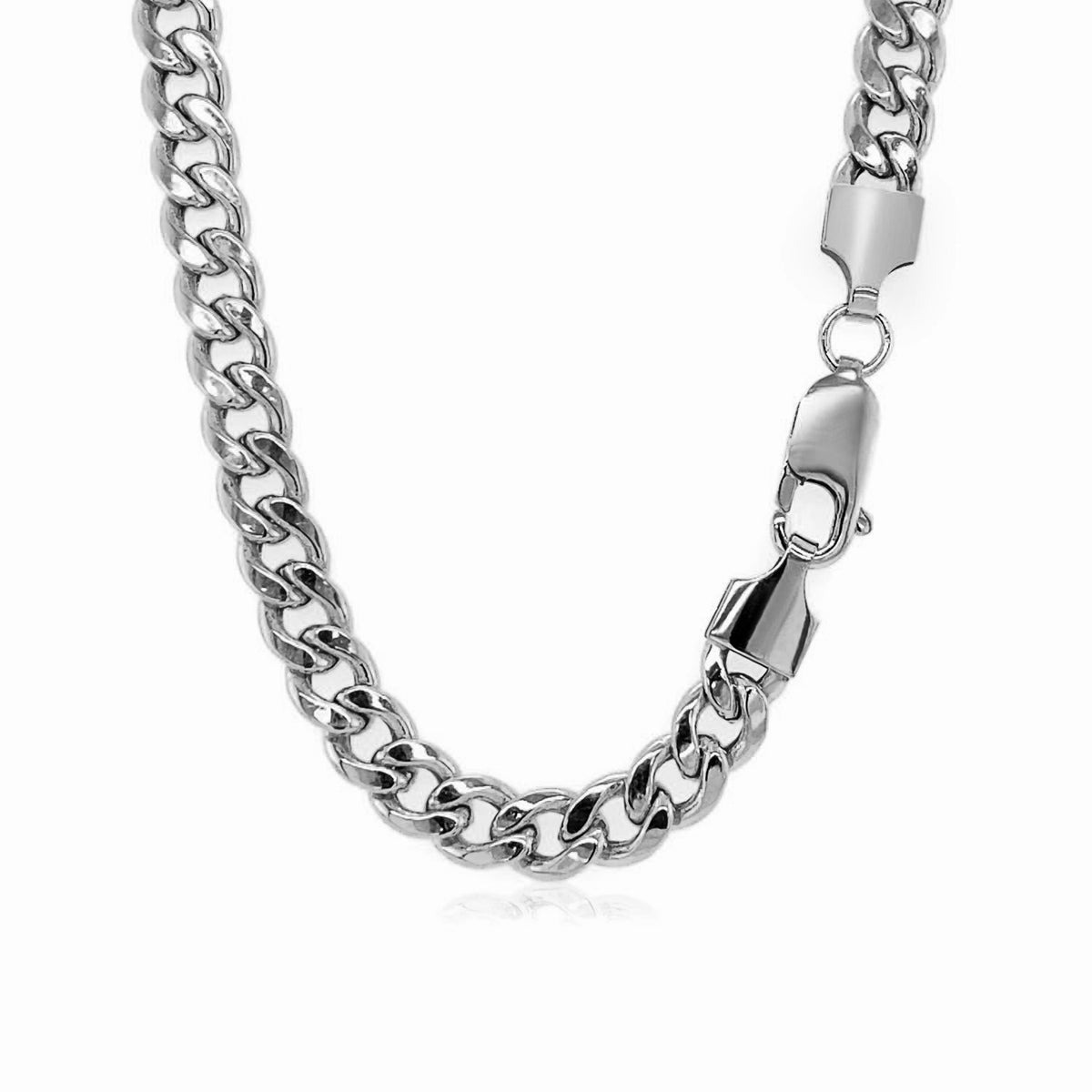 Lobster clasp and end caps on the 5.50mm Miami Cuban chain in 14K white gold