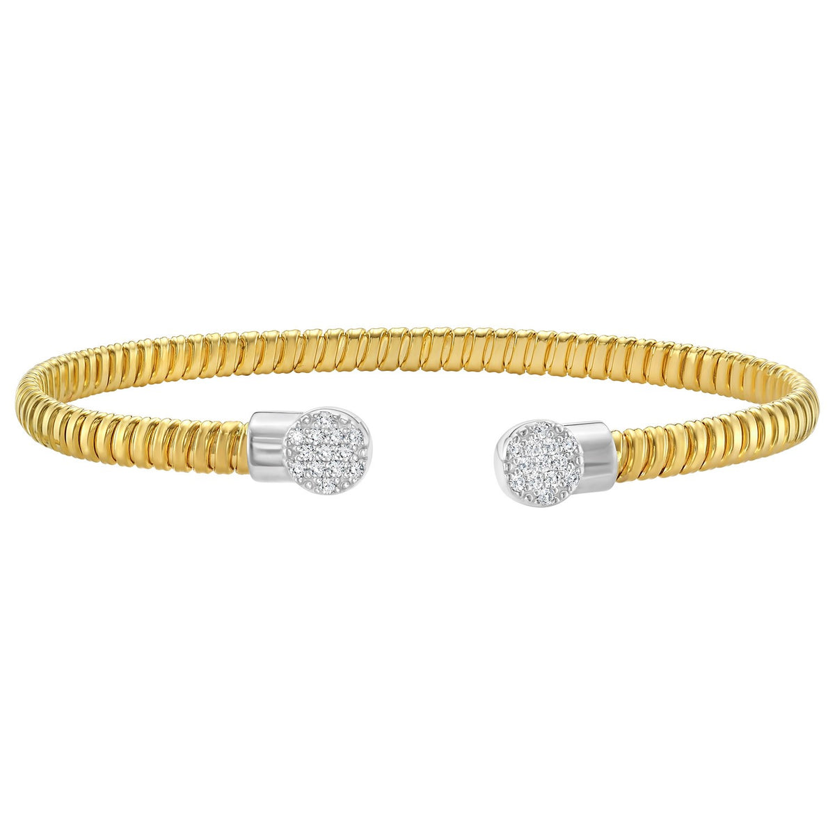 14K yellow gold tubogas cuff with diamond ends seen from the front