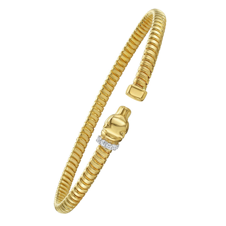 Panther tubogas cuff in 14K yellow gold with a natural diamond collar below the panther head
