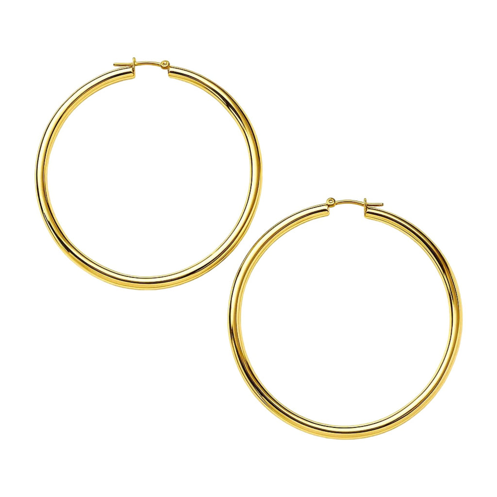 Polished 60mm hoop earrings in 14K yellow gold, 2mm wide, front view of the pair