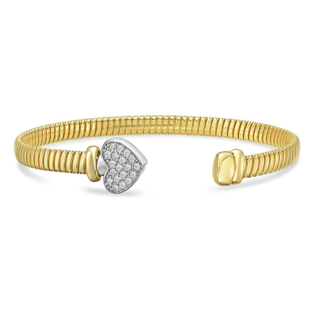 Front view of the 14K two-tone gold tubogas cuff with its diamond heart