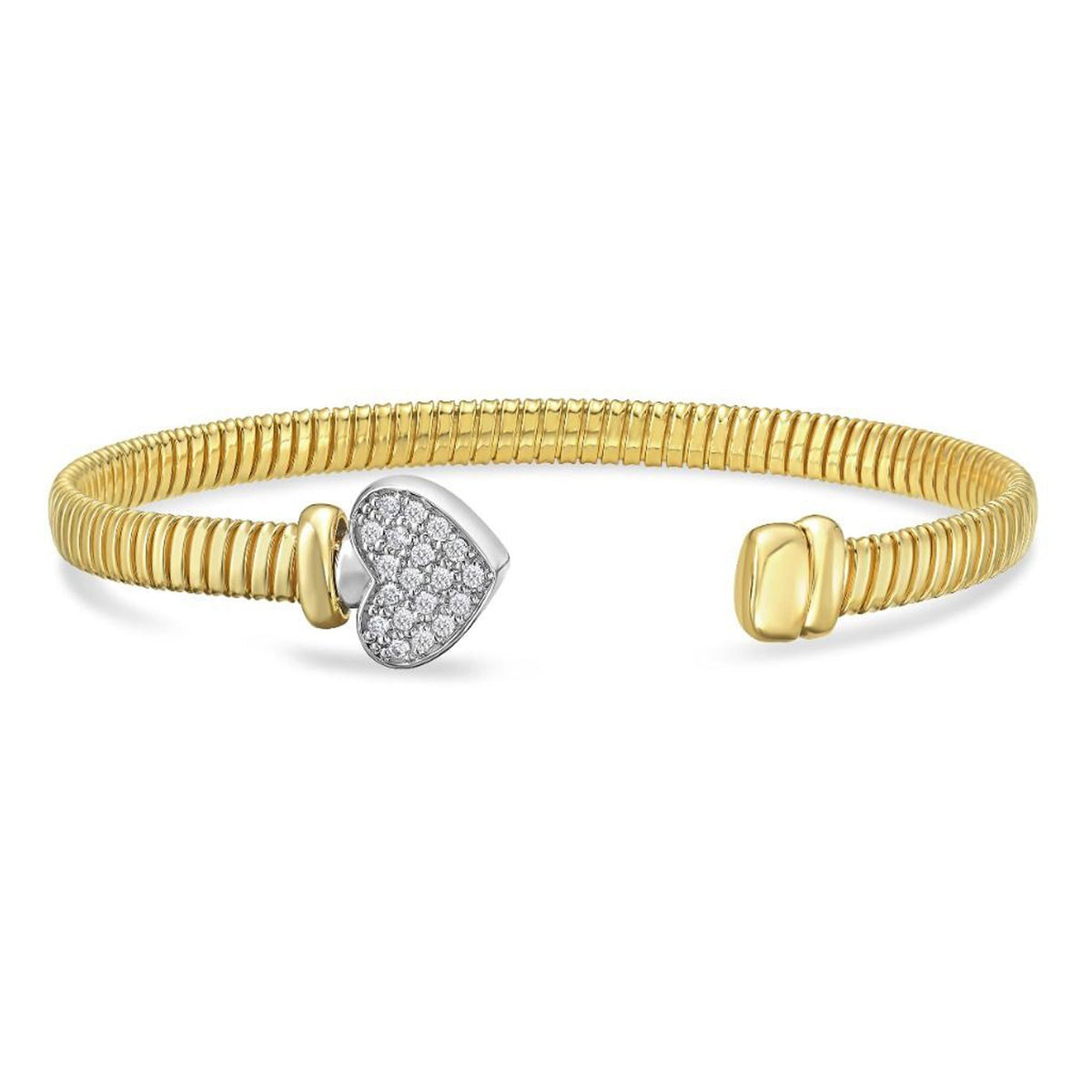 Front view of the 14K two-tone gold tubogas cuff with its diamond heart