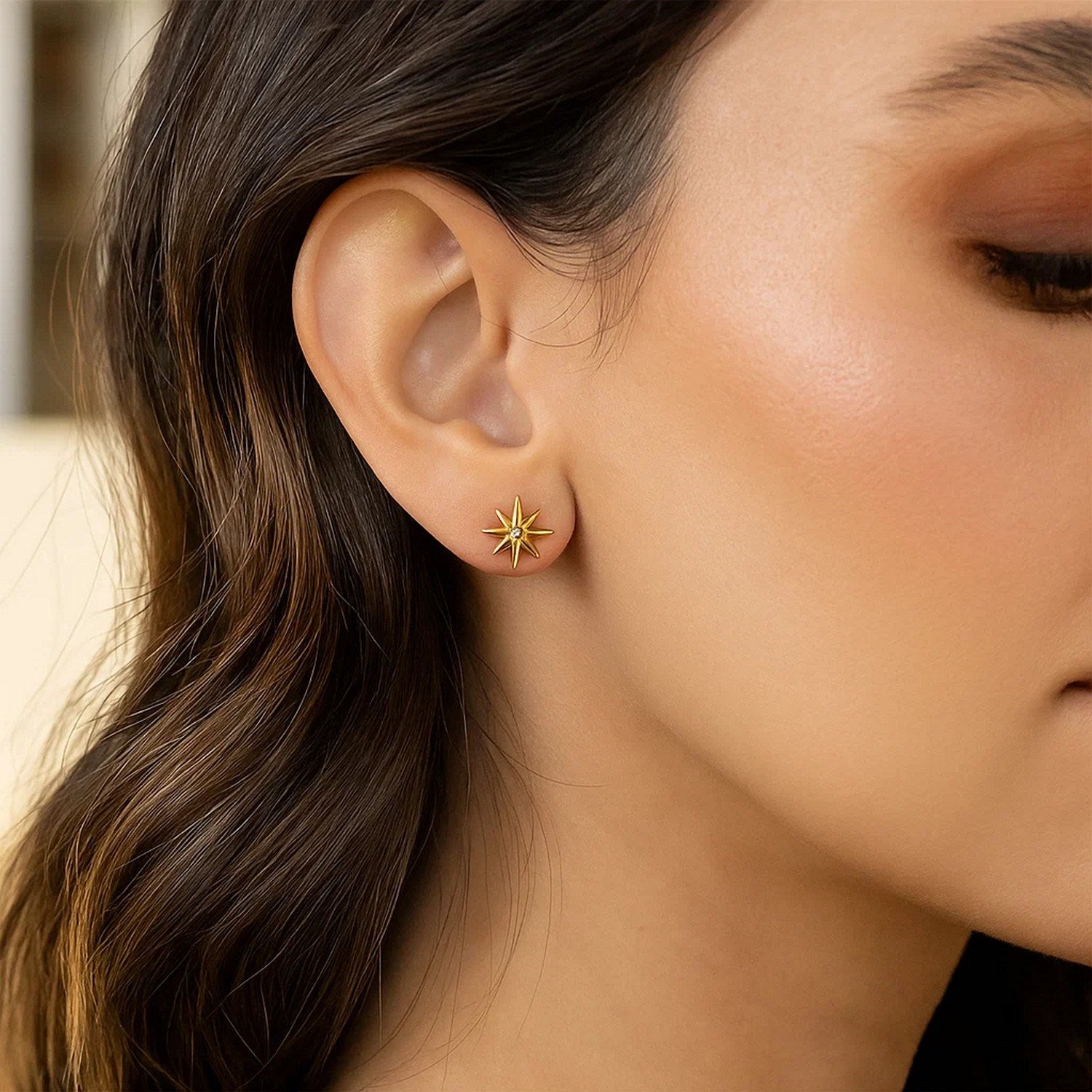 North Star Diamond Stud Earrings in 14K Yellow Gold