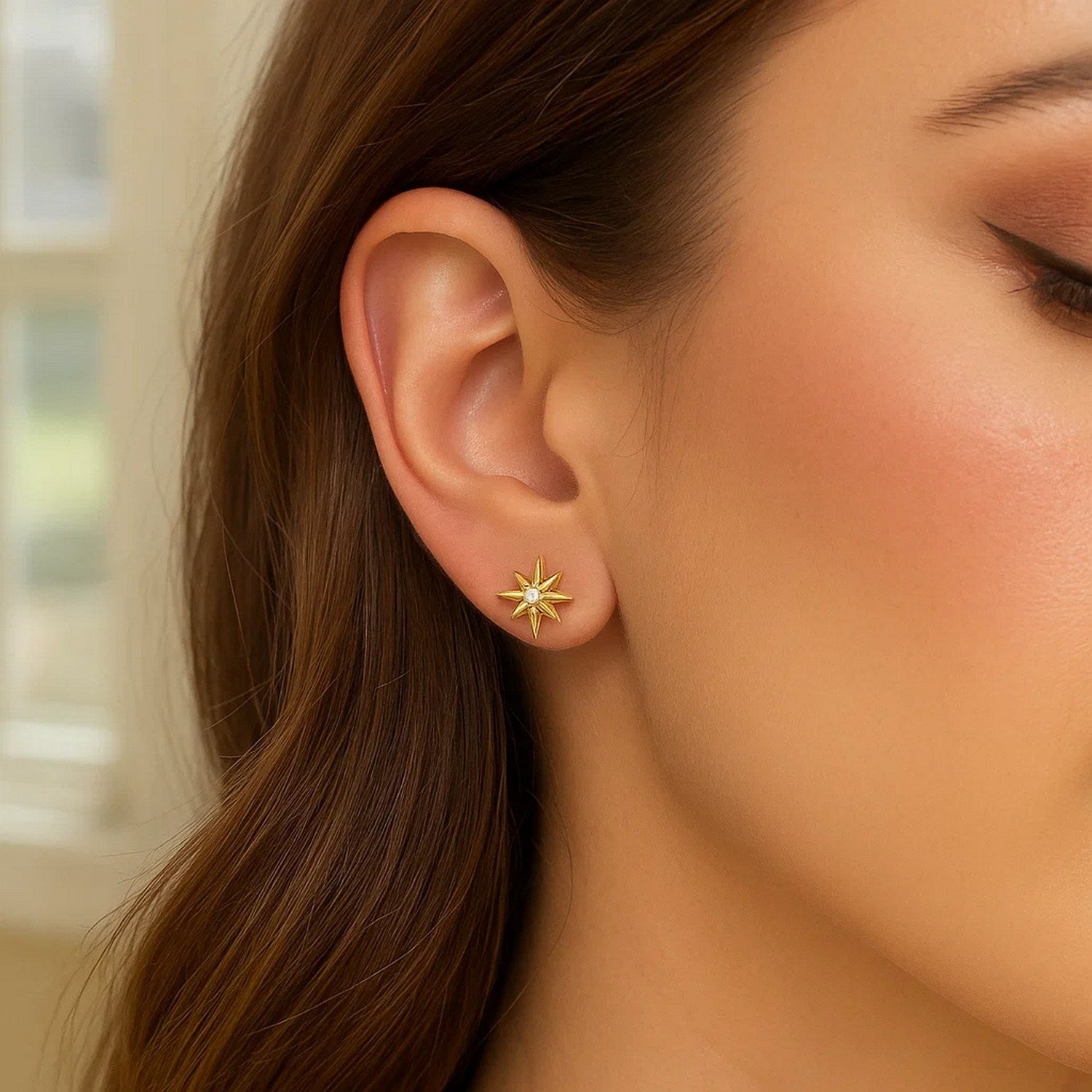 North Star Diamond Stud Earrings in 14K Yellow Gold