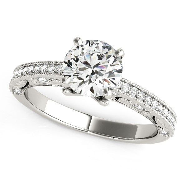 Round Diamond Engagement Ring | Milgrain Pavé Set Band in 14K White Gold | 1.12 cttw