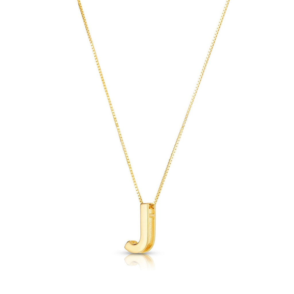 Block letter J in polished 14K yellow gold, angled to show its depth, on a box chain