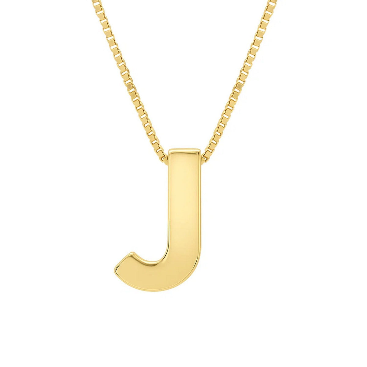Front view of the polished block letter J in 14K yellow gold on a box chain