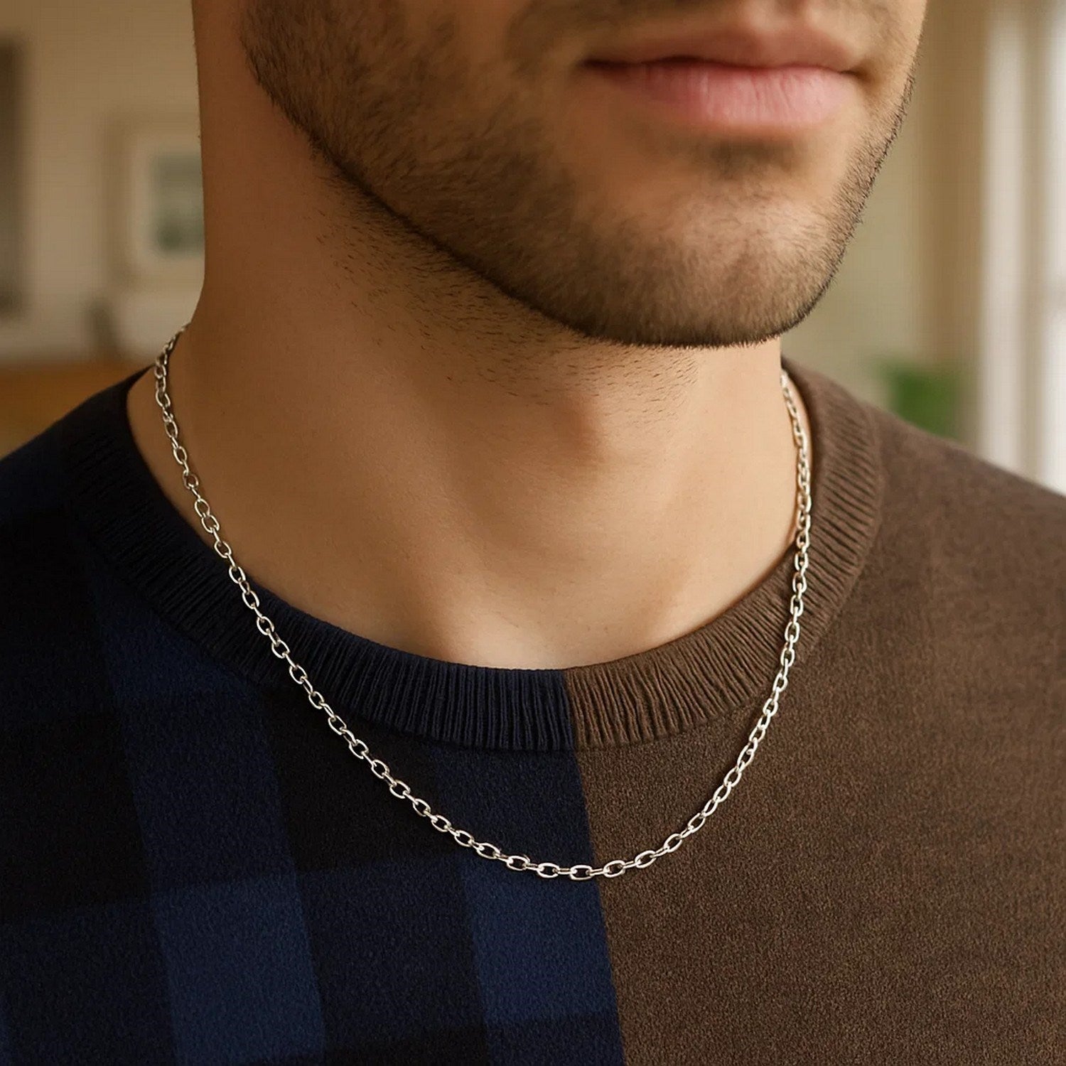 Round cable link chain necklace in 14K white gold, 2.40mm