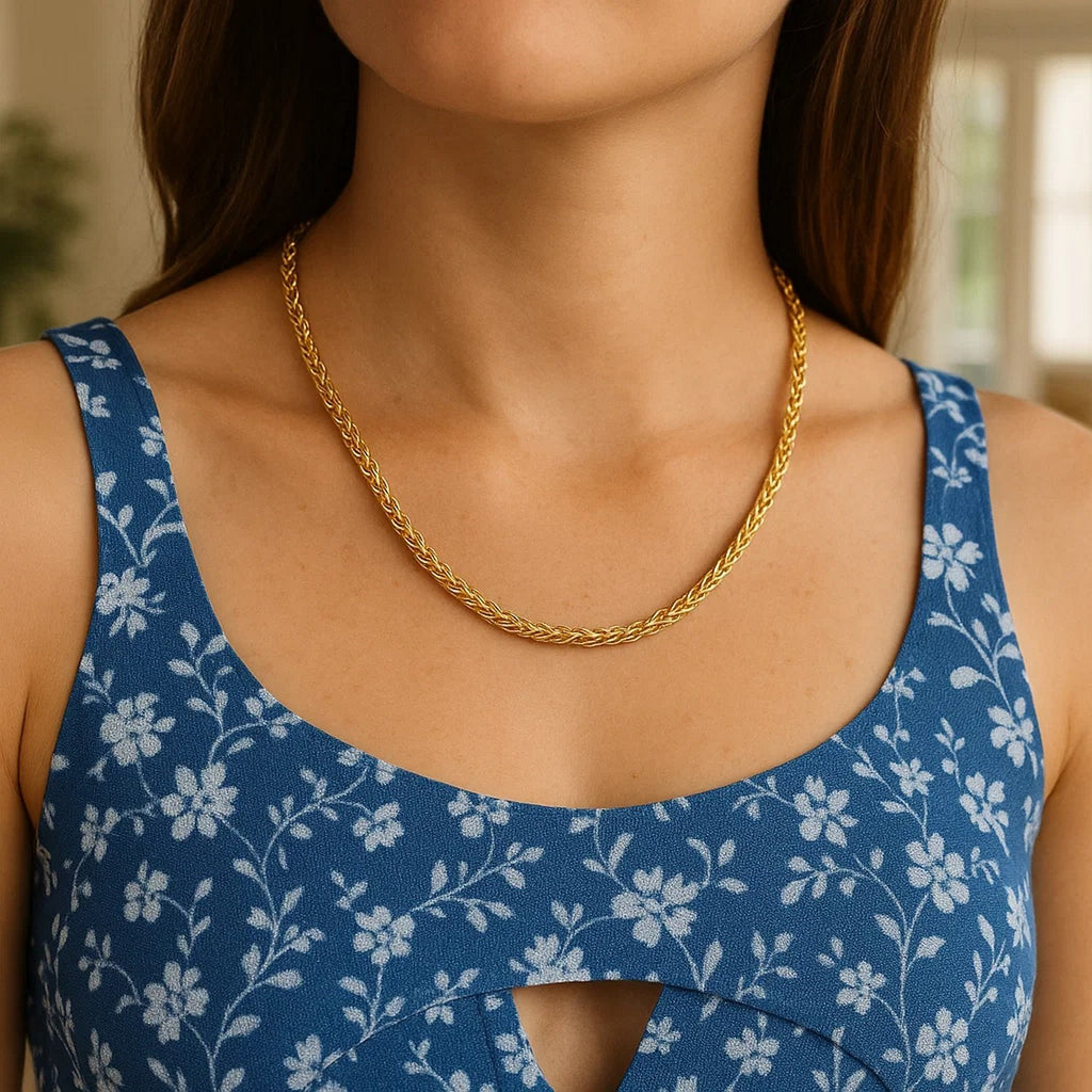 Franco chain in 14K yellow gold worn at the collarbone with a floral top
