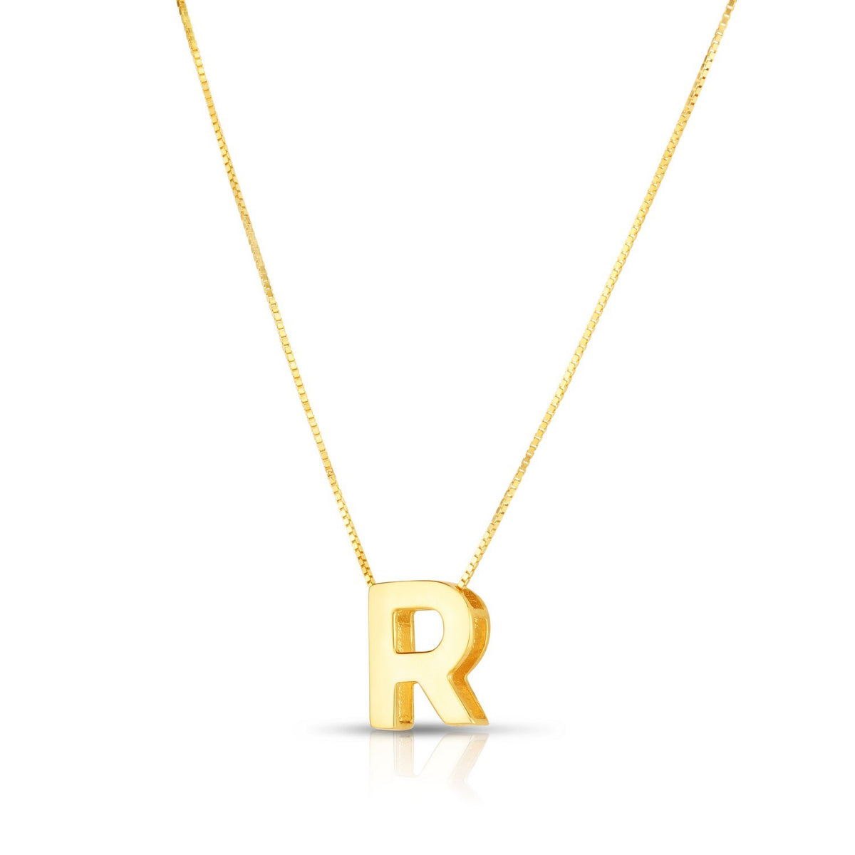 Block letter R in polished 14K yellow gold, angled to show its depth, on a box chain