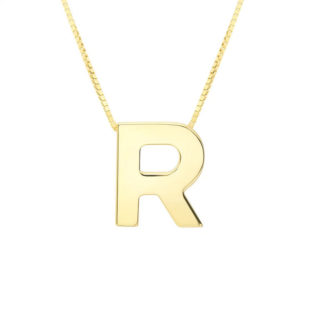 Front view of the polished block letter R in 14K yellow gold on a box chain