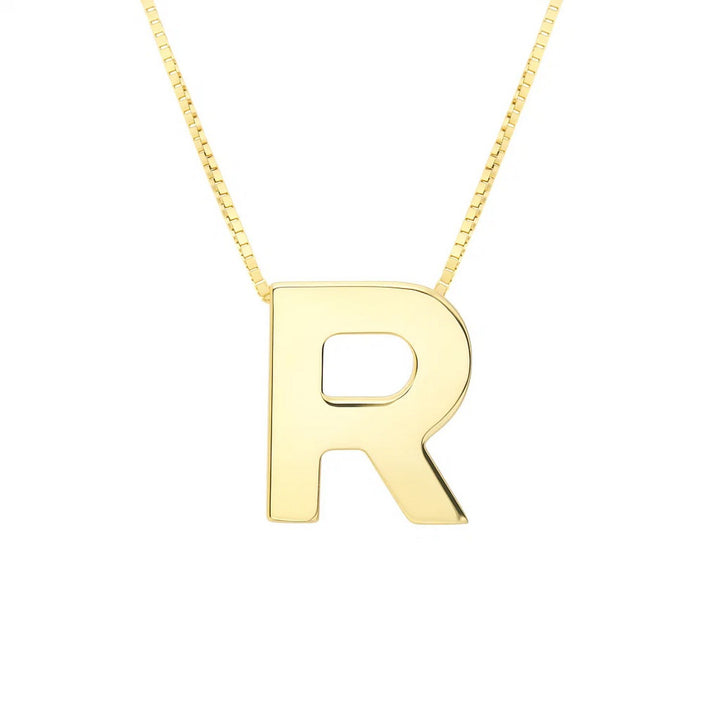 Front view of the polished block letter R in 14K yellow gold on a box chain