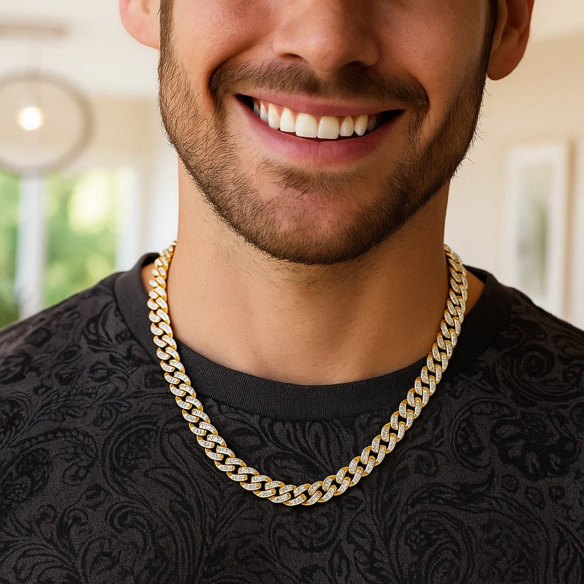 8.00mm two-tone Miami Cuban chain worn over a black T-shirt