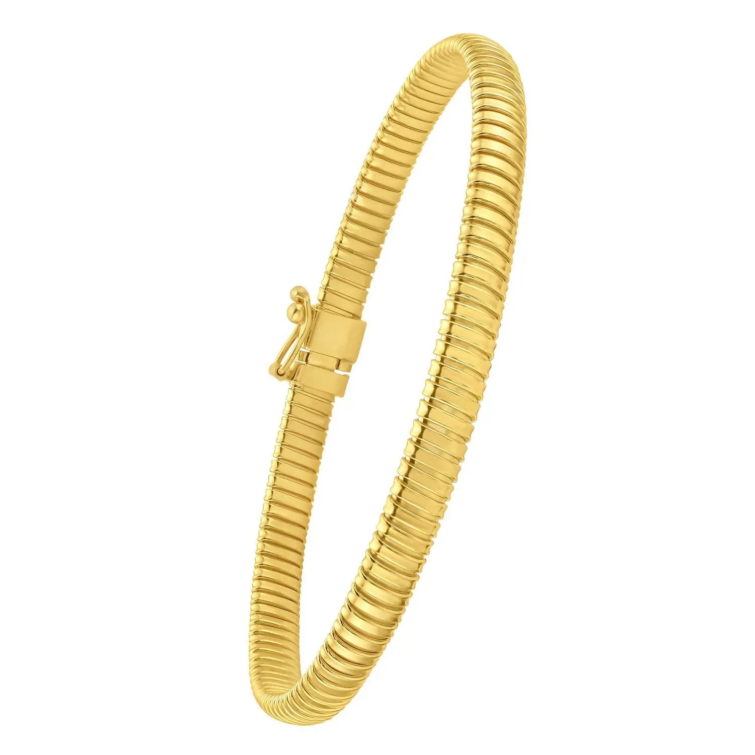 Front view of 14K yellow gold Tubogas bracelet with coil design and box clasp, 5 mm wide
