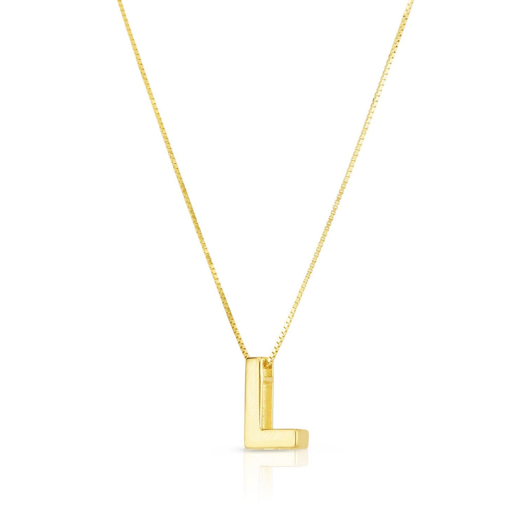 Block letter L in polished 14K yellow gold, angled to show its depth, on a box chain