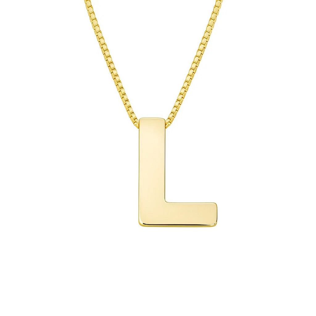 Front view of the polished block letter L in 14K yellow gold on a box chain