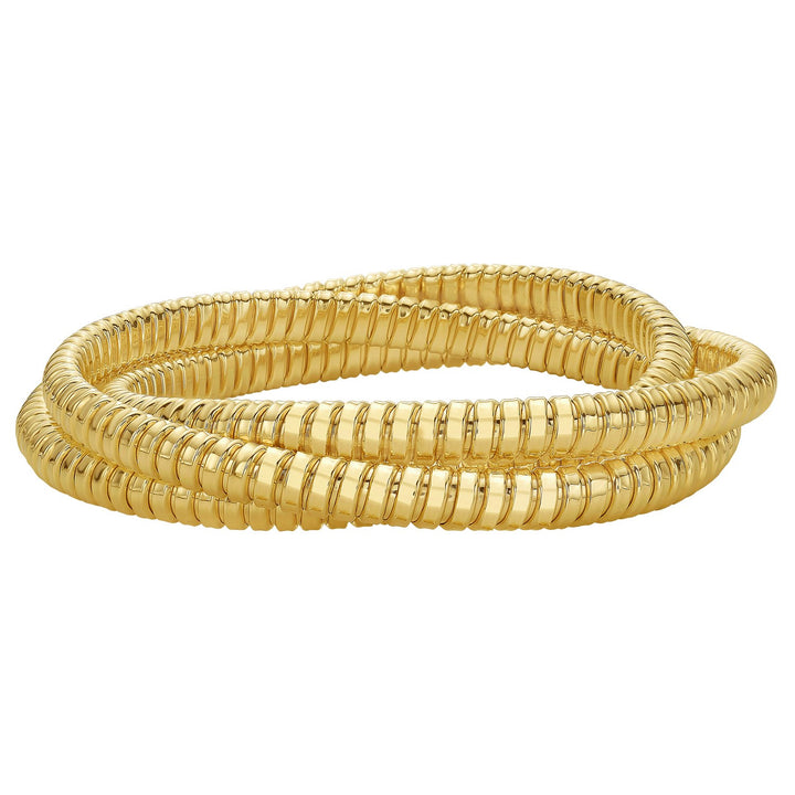 Triple wrap tubogas bangle in 14K yellow gold, coiled strands crossing
