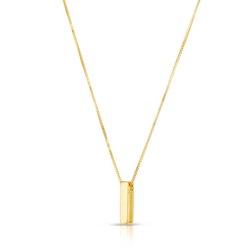 Block letter I in polished 14K yellow gold, angled to show its depth, on a box chain
