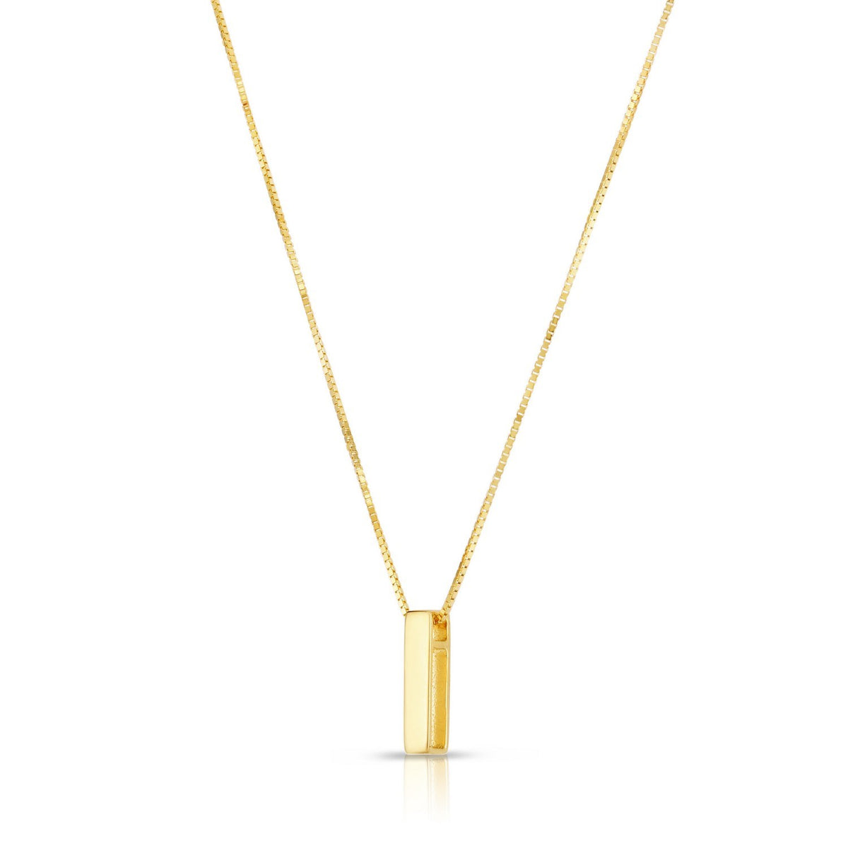 Block letter I in polished 14K yellow gold, angled to show its depth, on a box chain