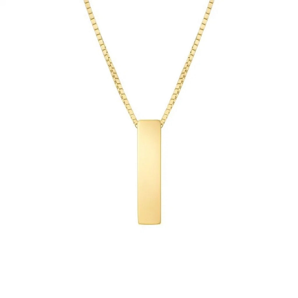 Front view of the polished block letter I in 14K yellow gold on a box chain