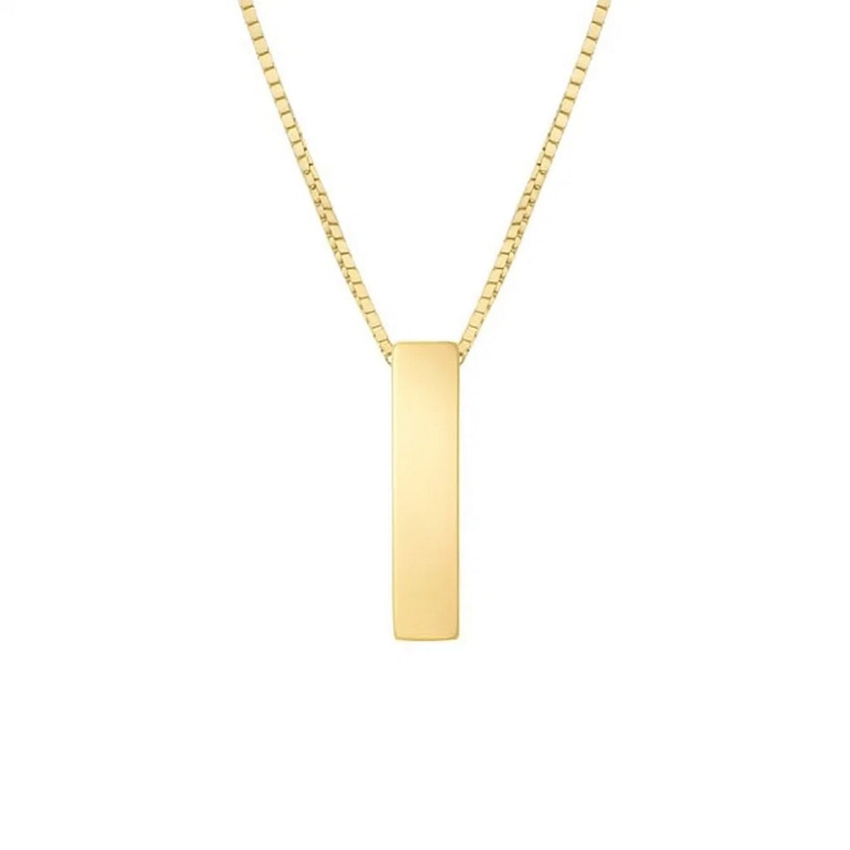 Front view of the polished block letter I in 14K yellow gold on a box chain