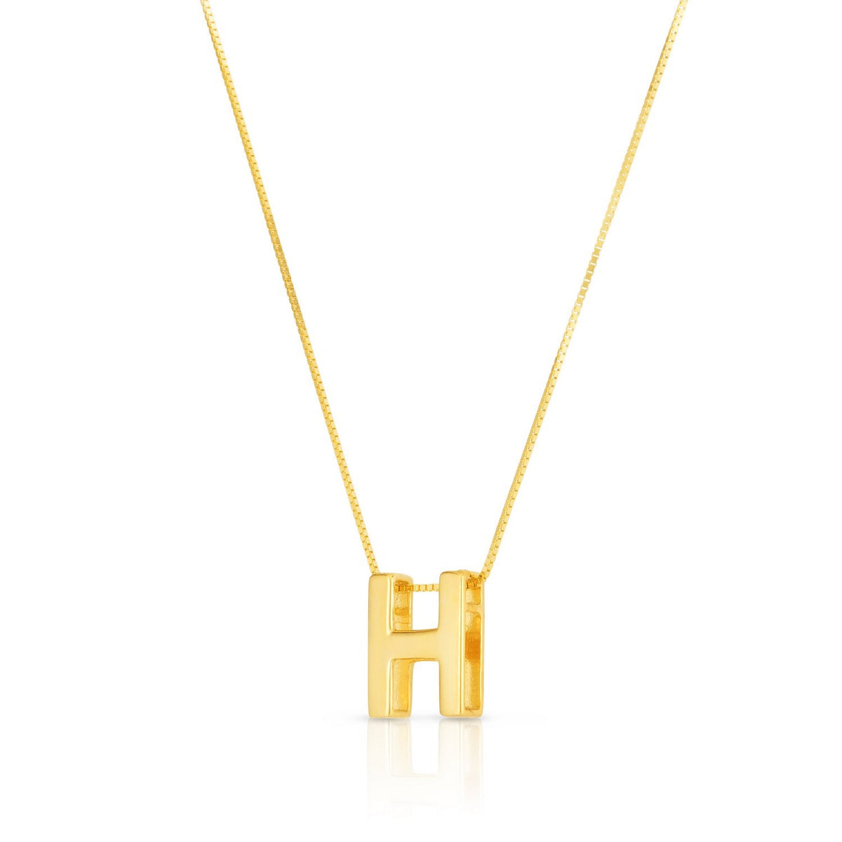 Block letter H in polished 14K yellow gold, angled to show its depth, on a box chain
