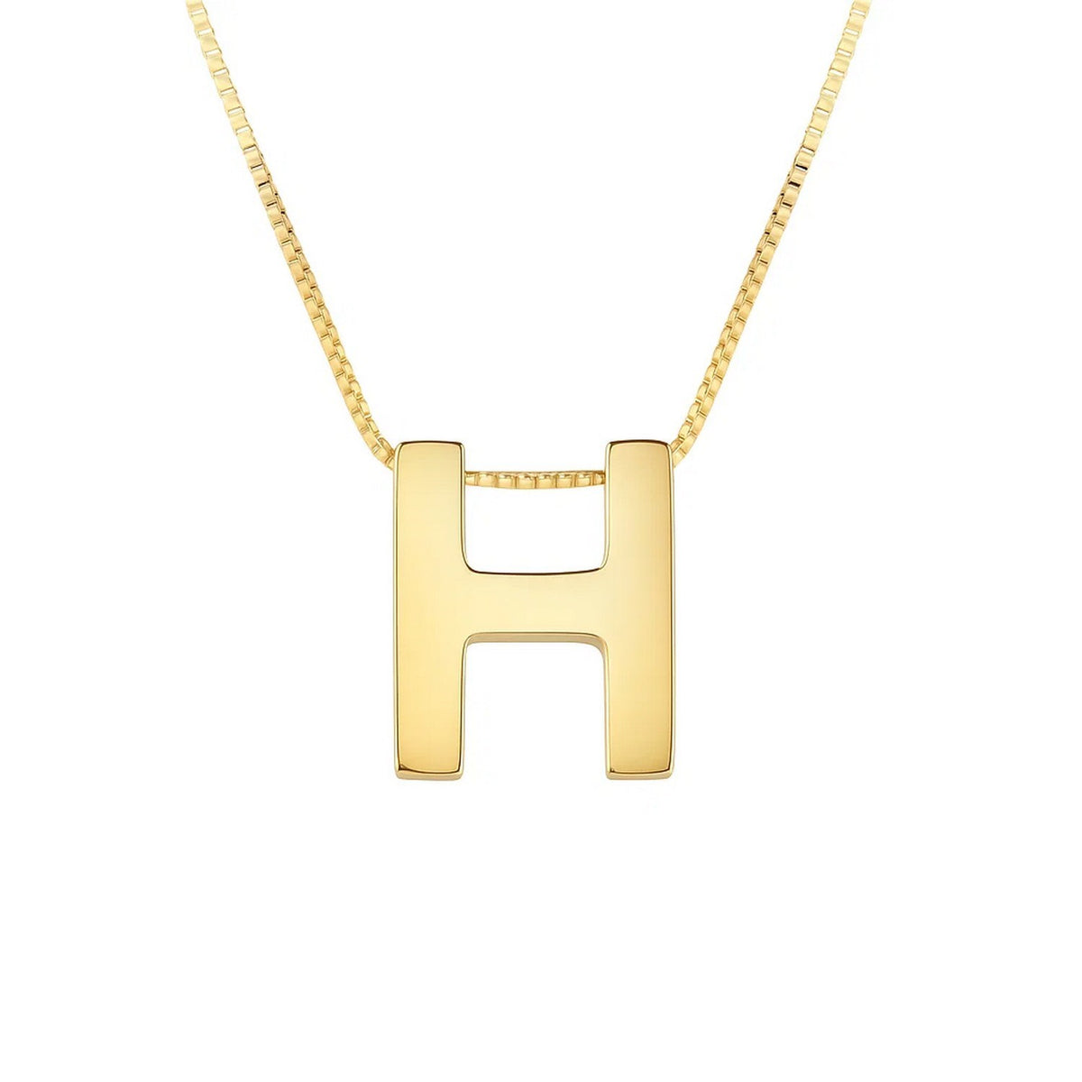 Front view of the polished block letter H in 14K yellow gold on a box chain
