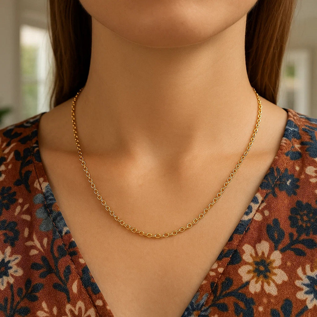 Round cable link chain necklace in 14K yellow gold, 2.40mm