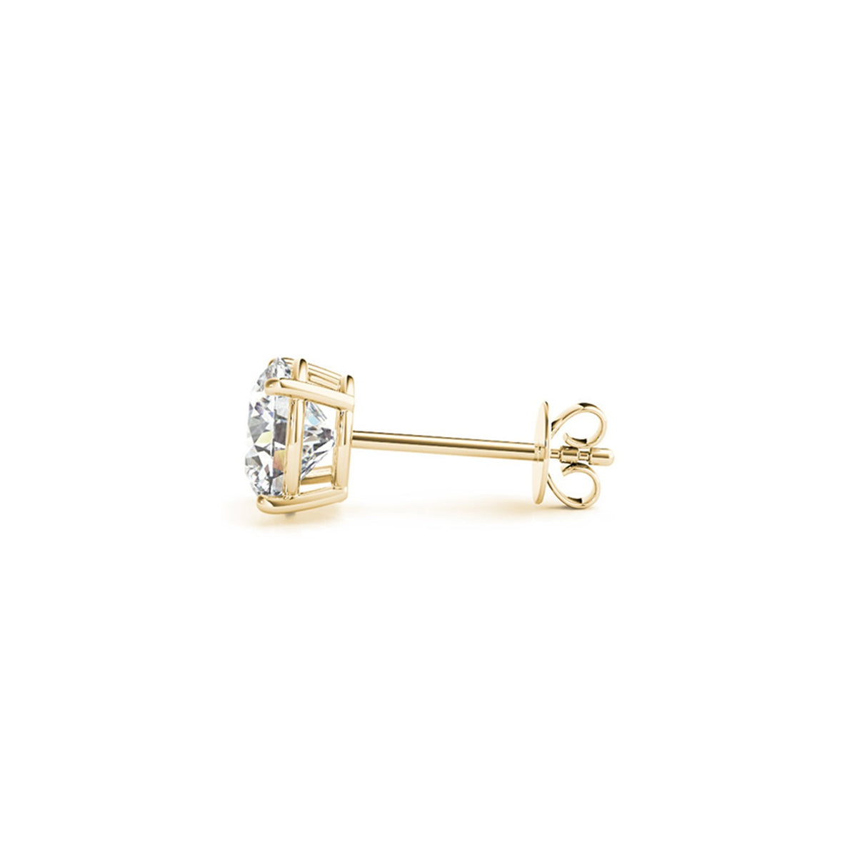 Side profile of 3.00 ct lab-grown diamond stud earrings in 14K yellow gold, four-prong setting — DEEVE