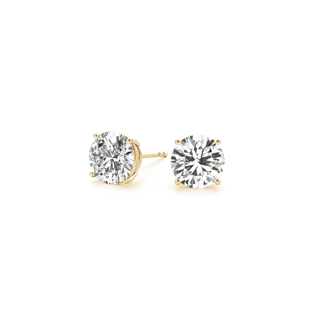 Angled view of 3.00 ct IGI certified round-cut lab-grown diamond stud earrings in 14K yellow gold — DEEVE