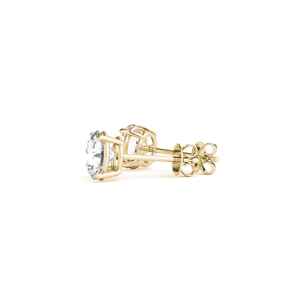 Side view of 3.00 ct lab-grown diamond stud earrings in 14K yellow gold, posts and backs — DEEVE