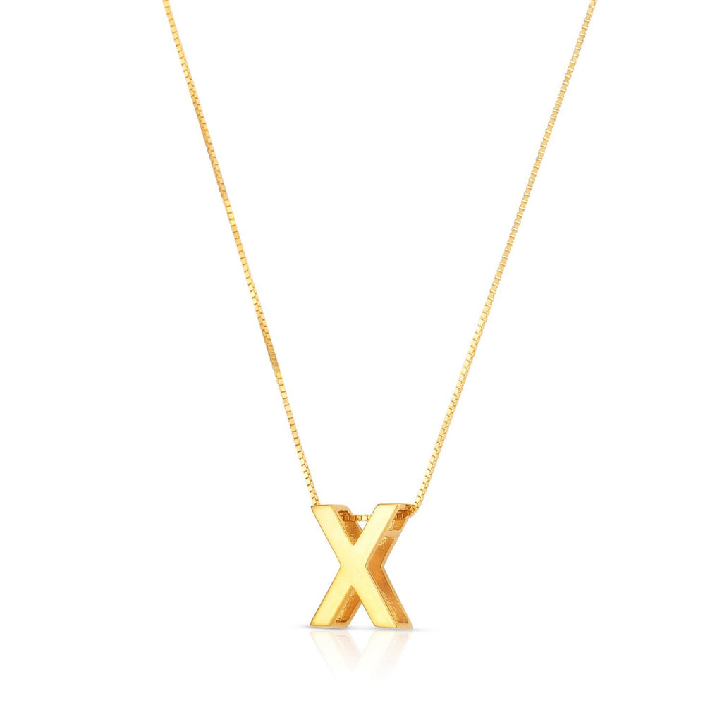 Block letter X in polished 14K yellow gold, angled to show its depth, on a box chain