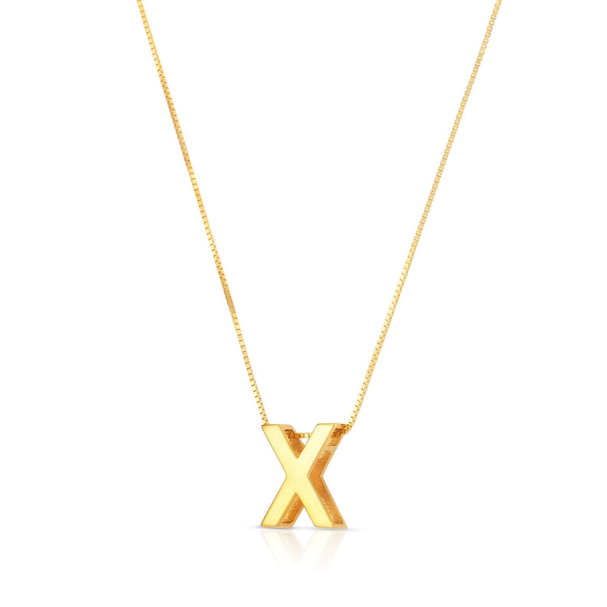 Block letter X in polished 14K yellow gold, angled to show its depth, on a box chain