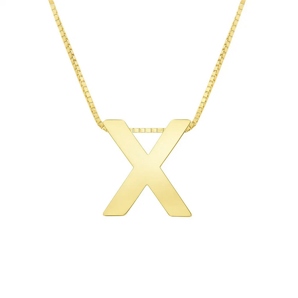 Front view of the polished block letter X in 14K yellow gold on a box chain