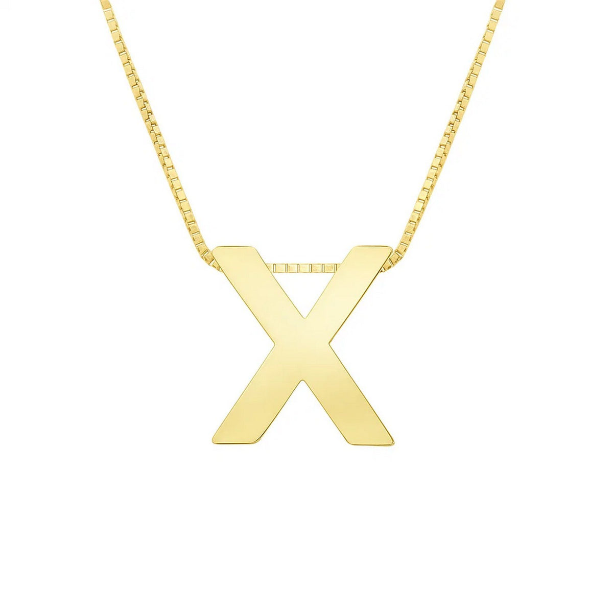 Front view of the polished block letter X in 14K yellow gold on a box chain