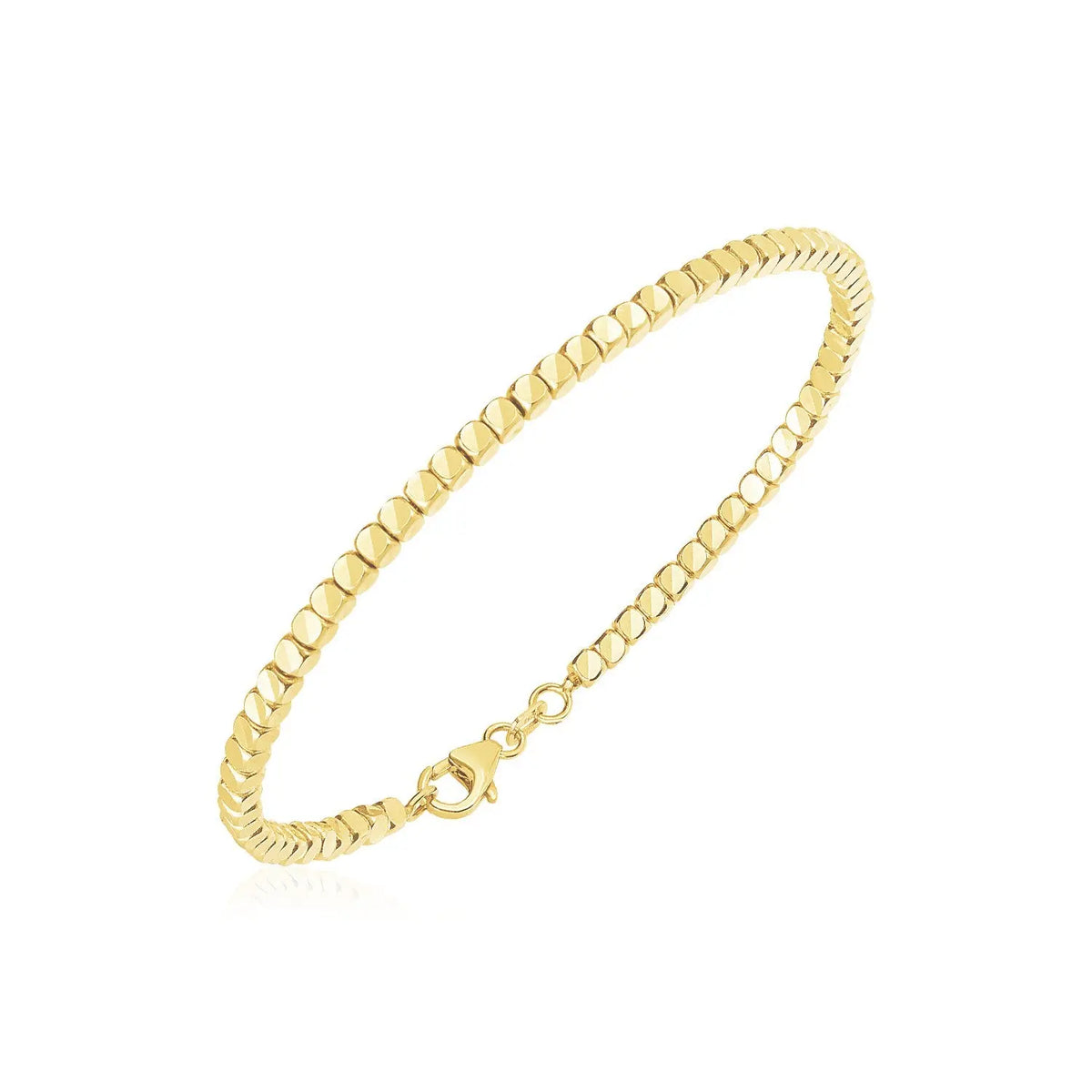 Front view of solid 14K yellow gold high polish bead cuff bangle with lobster clasp, 2.40 mm width, 6.75 inch length, approx 5.3 g