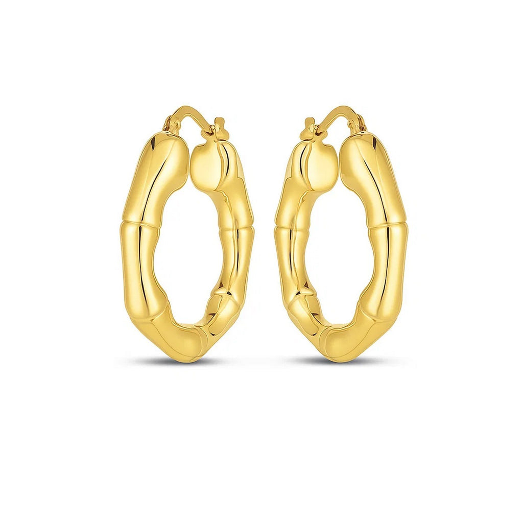 Bamboo hoop earrings in 14K yellow gold, front view of the pair