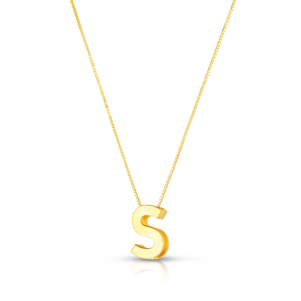 Block letter S in polished 14K yellow gold, angled to show its depth, on a box chain