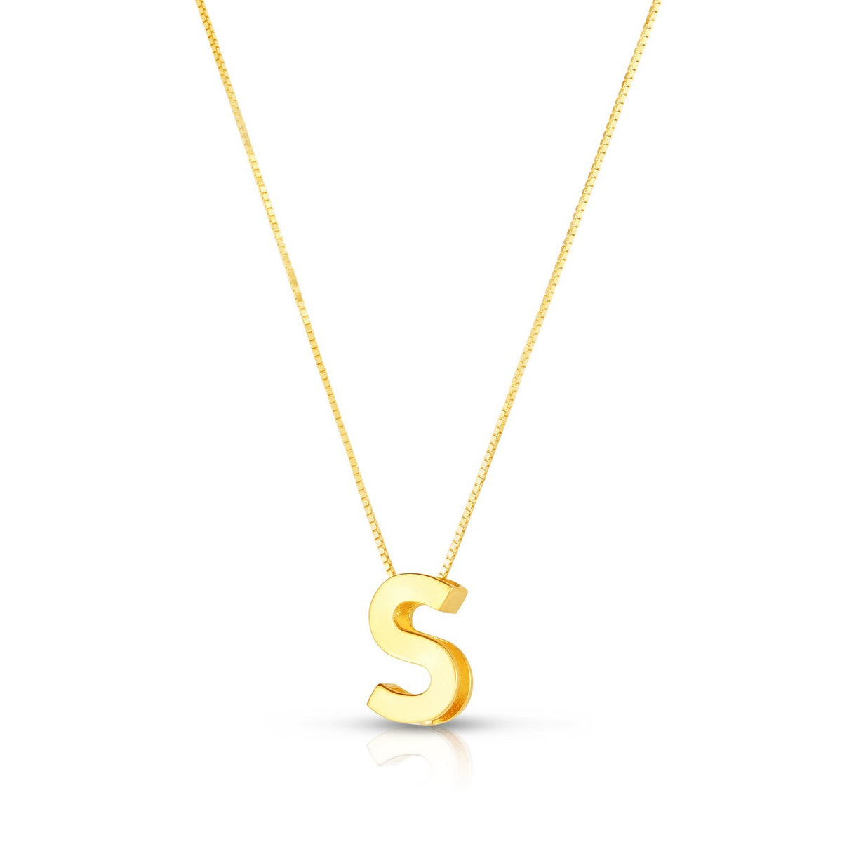 Block letter S in polished 14K yellow gold, angled to show its depth, on a box chain