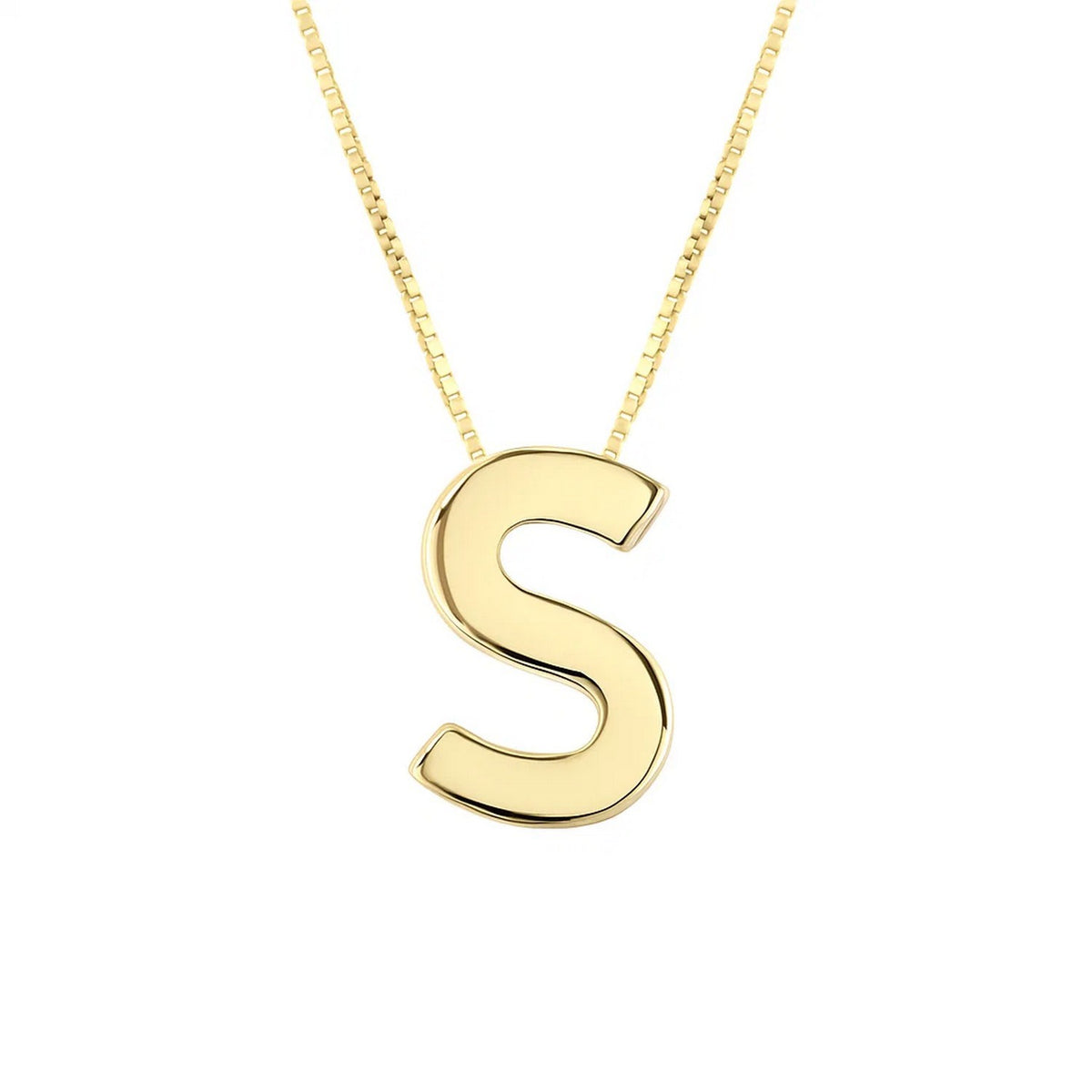 Front view of the polished block letter S in 14K yellow gold on a box chain