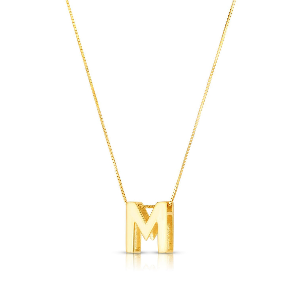 Block letter M in polished 14K yellow gold, angled to show its depth, on a box chain