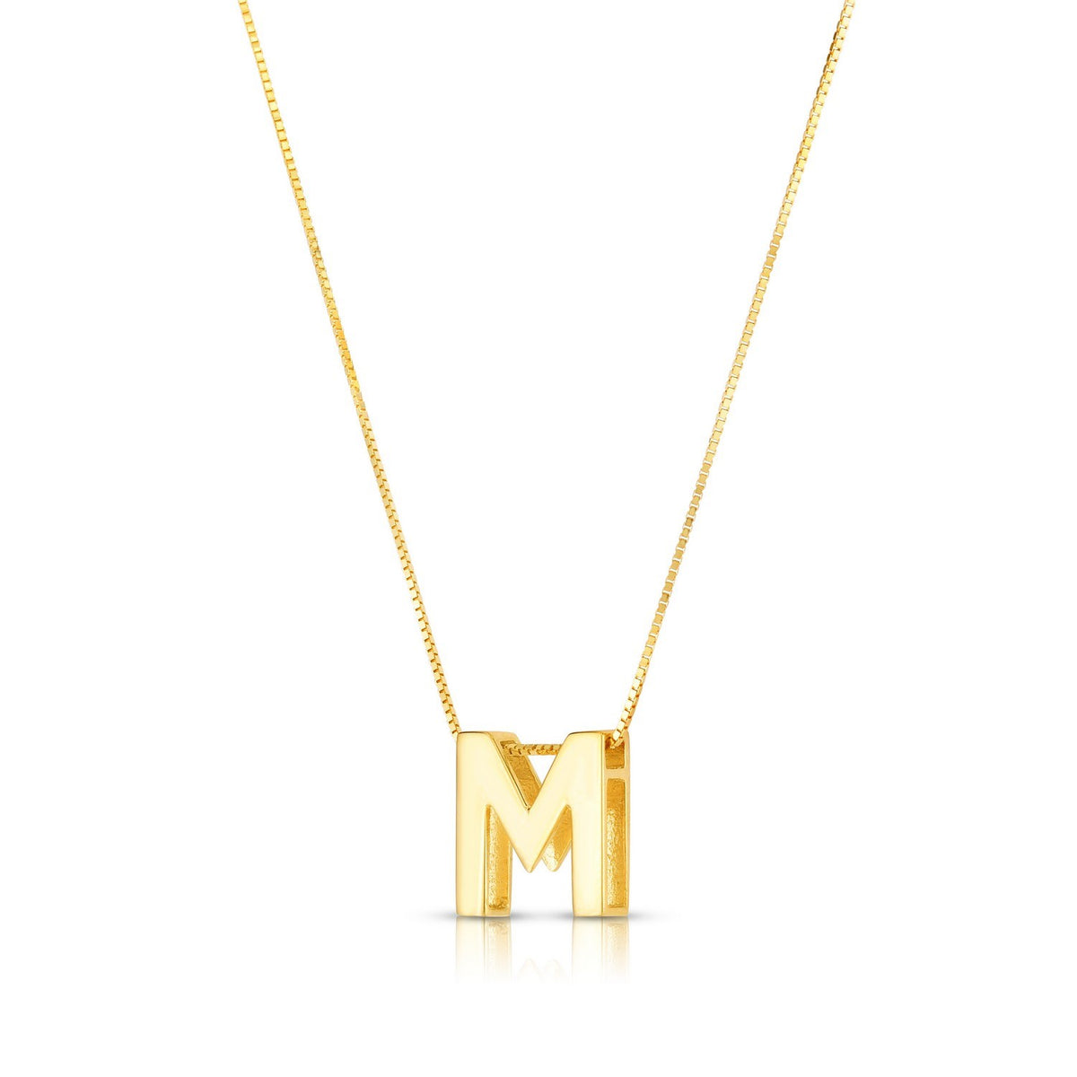 Block letter M in polished 14K yellow gold, angled to show its depth, on a box chain