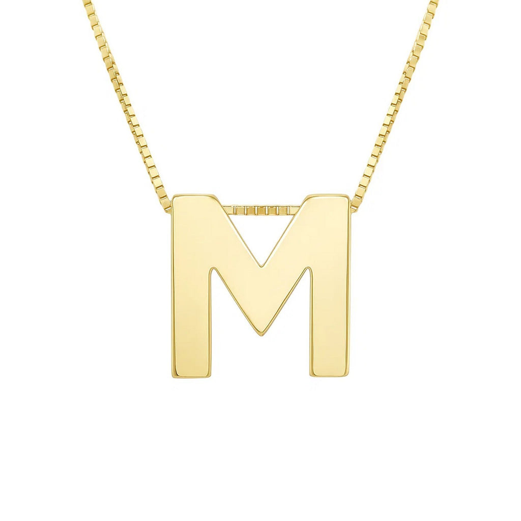 Front view of the polished block letter M in 14K yellow gold on a box chain