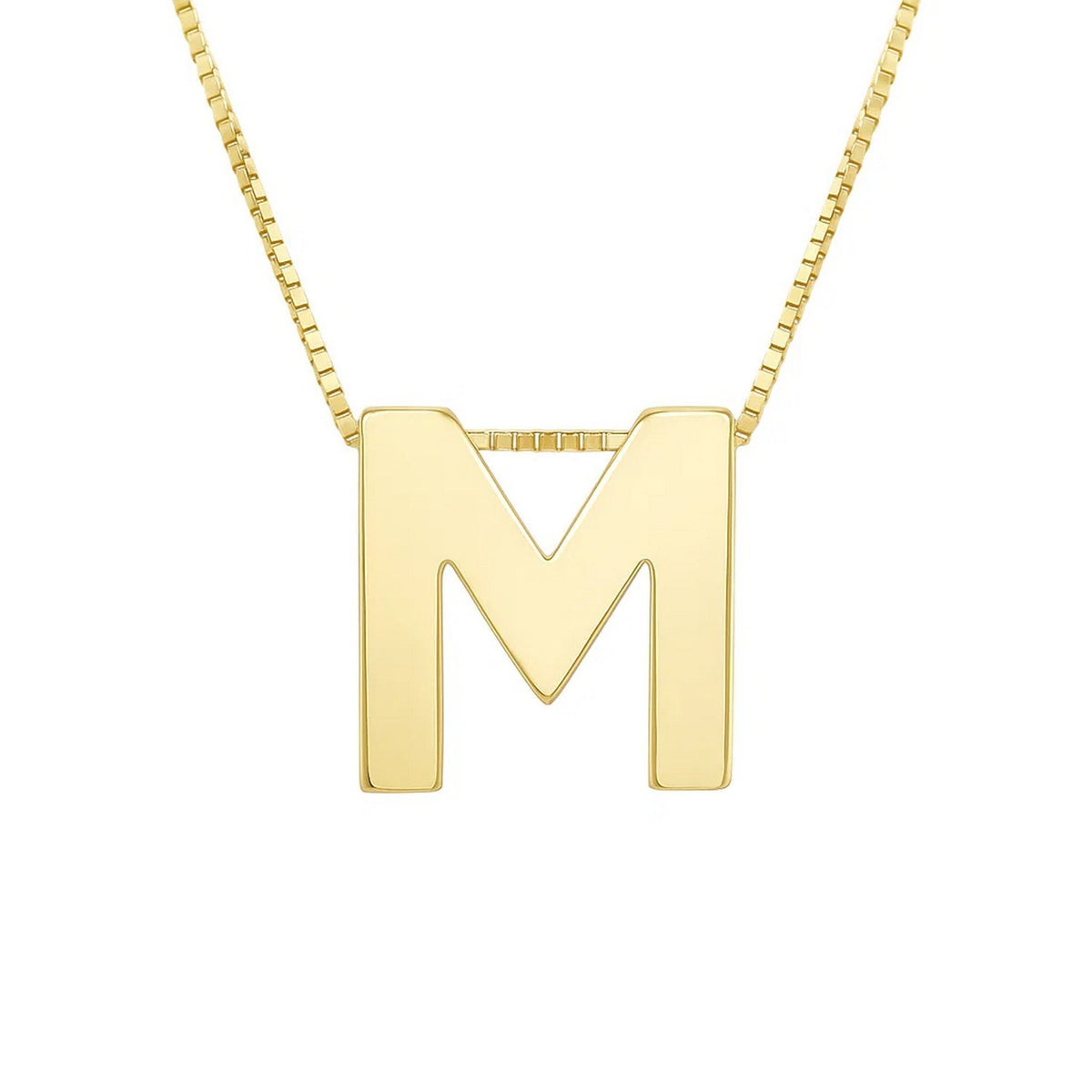 Front view of the polished block letter M in 14K yellow gold on a box chain