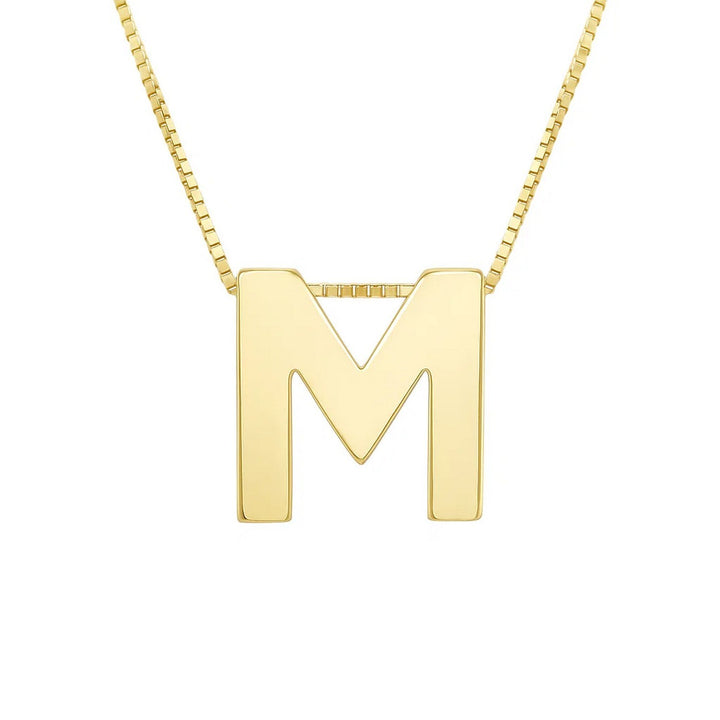 Front view of the polished block letter M in 14K yellow gold on a box chain