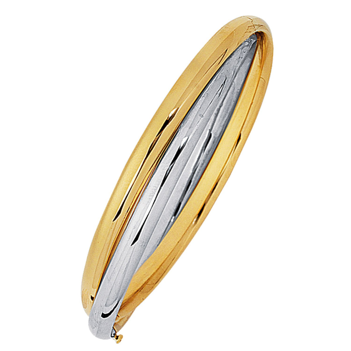 Interlocked bangle in 14K two-tone gold, white gold bands running through yellow gold