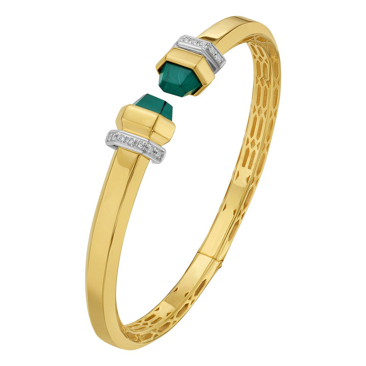 Malachite Art Deco open cuff in 14K yellow gold with natural diamond collars